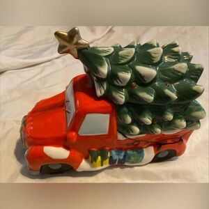 David's Cookies Red Truck With Christmas Tree Ceramic Cookie Jar Lights Star